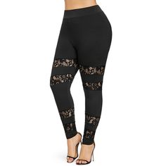 Sheer Lace Insert Plus Size Leggings - Black - 3B64165612 - Women's Clothing, Plus Size Women's Clothing  #PlusSizeWomensClothing #Women's #Clothing # #Plus #Size #Women's #Clothing Womens Fashion Leggings, Trendy Womens Fashion, Lace Leggings, Women's Outfits By Occasions, Fashion Leggings, Ankle Leggings, Trendy Plus Size Clothing, Plus Size Leggings, Leggings Casual