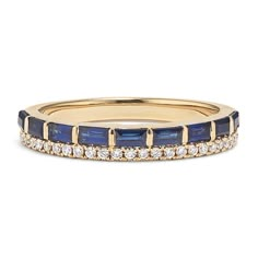 Natural diamonds and traditional blue sapphires come together in this must-have addition to your ring stack. Crafted in 14-karat yellow gold  this design is a timeless look that will remain popular for years to come. Luxury Sapphire Birthstone Ring In Fine Jewelry Style, Luxury Sapphire Stackable Rings With Round Band, Luxury Dainty Sapphire Ring For Anniversary, Sapphire Gold Eternity Ring, Luxury Formal Gemstone Stackable Rings, Luxury Elegant Blue Topaz Stackable Rings, Elegant Luxury Blue Topaz Stackable Rings, Luxury Elegant Stackable Sapphire Ring, Dainty Luxury Sapphire Ring For Anniversary