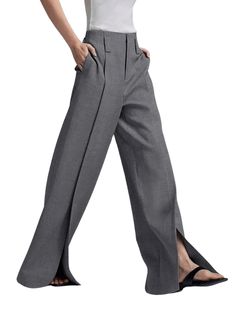 Elevate your formal wardrobe with these chic high waist wide leg floor-length split pleated grey pants for women. Perfect for all seasons, these pants feature a high waist design that flatters your figure and adds a touch of sophistication to any outfit. The slight stretch in the fabric ensures a comfortable fit, while the blended polyester and spandex material offers durability and easy care. With a solid pattern and pleated front style, these pants exude elegance and style. Complete with pockets and a zipper fly closure, these wide leg pants are a must-have for any fashion-forward woman. Specifications Style: Formal Season: All Season Waist Type: HIGH Decoration: Pockets Elasticity: Slight Stretch Fabric Type: Blended Pattern Type: Solid Pant Style: Wide Leg Pants Material: Polyester Mat Elegant Gray Wide-leg Dress Pants, Elegant Gray Wide Leg Pants, Elegant Gray Full-length Wide Leg Pants, Elegant Gray High-waisted Dress Pants, Chic Gray Wide Leg Pants For Formal Occasions, Gray Wide Leg Full Length Pants For Formal Occasions, Formal Gray Wide Leg Pants, Gray Formal Wide Leg Full Length Pants, Elegant Gray Ankle-length Wide Leg Pants