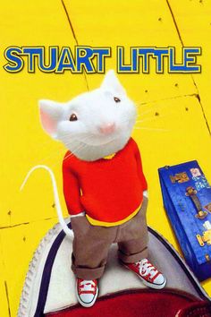 a white mouse sitting on top of a red and blue suitcase with the words stuart little above it