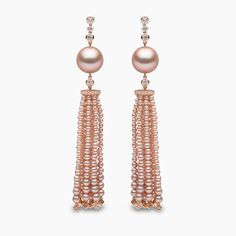 Descending from an ornate arrangement of diamonds, these 18k rose gold earrings feature 3-5.5mm Pink Freshwater pearls. Our Tassel earrings are the epitome of modern high jewellery sophistication, the perfect piece to elevate any outfit. Pearl Size: 13-14mmMetal: 18K Rose GoldApproximate Diamond Weight: 1.26cts Rare Pearls, Pearl And Diamond Earrings, Pearl Types, Earring Crafts, Pearl Diamond, Pink Pearl, Black Pearl, Pearl Size, Rose Gold Earrings