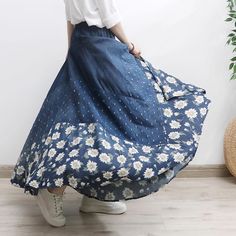 Descriptions Breathe some life into your wardrobe with this bold and daring floral denim skirt! Elevate any look with its high-rise design and frayed edges, allowing you to take risks and push the boundaries of your style. This must-have addition will surely inspire you to be more adventurous with your fashion choices and take on the day with confidence! Details Silhouette: A-lineMaterial: DenimOccasion: DaytimeProcess: PrintedApparel Closure Type: ElasticRise Style: High WaistTheme: Summer, Spring, AutumnColor: BlueSize: One Size Size Chart Length: 92 cm/ 36.22 ''Waist: 70-102 cm/ 27.56-40.16 ''Hem: 580 cm/ 228.35 '' Non-stretch High Waist Denim Skirt For Spring, Wide Leg Denim Skirt For Spring, Summer Non-stretch Denim Skirt, Non-stretch Denim Skirt For Spring, Spring Casual Non-stretch Denim Skirt, Non-stretch Dark Wash Denim Skirt For Spring, Non-stretch Denim Skirt For Summer, High Waist Medium Wash Skirt For Spring, Trendy Cotton Summer Skirt