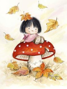 size: 12x9in Giclee Print: Girl on Mushroom by Makiko : Autumn Art Print, Whimsical Wall Art, Happy Paintings, Mushroom Art, Selling Artwork, Autumn Art, Featured Art, Whimsical Art, Cute Illustration