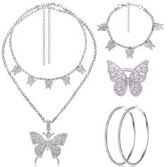 PRICES MAY VARY. Ideal Combinations to Choose: there is 1 pair of silver rhinestone earrings, 1 piece of silver butterfly necklace, 1 piece of butterfly bracelet for women and 1 piece of silver butterfly ring, adequate and comprehensive for you to wear on wedding party, birthday party, prom, baby shower and more, showing your confidence and making you stand out in the crowd Stylish and Elegant Butterfly Style: designed after the shape of beautiful butterfly, the silver butterfly necklace has an Butterfly Jewelry Necklace, Butterfly Jewelry Set, Silver Butterfly Ring, Adjustable Silver Bracelet, Silver Butterfly Necklace, Beautiful Neck, Butterfly Style, Horse Necklace, Pearl Jewelry Sets