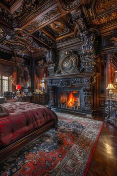 an ornate bedroom with a fireplace and large bed