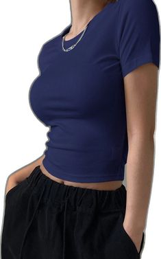 Blue Stretch Crew Neck T-shirt, Trendy Blue Crew Neck T-shirt, Y2k Style Stretch Blue Tops, Y2k Ribbed Crew Neck Top, Fitted Blue Ribbed T-shirt, Solid Color Short Sleeve Y2k Tops, Blue Y2k Crop Top, Y2k Style Short Sleeve Top, Blue Y2k Style Short Sleeve Top