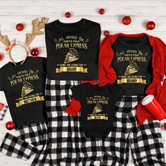 "Polar Express Personalised Matching Christmas Family T-shirts (T-shirts only - Short Sleeve tops). These are a great addition to make the season even more special and ideal for Christmas Eve and Christmas morning pictures or get festive and add to Christmas eve boxes. Your family will love wearing these cute matching family Christmas t-shirts. Start your Christmas tradition with these adorable matching t-shirts. They are perfect for Christmas card photos, Christmas holidays, Christmas Eve or simply Christmas morning cuteness. All our t-shirts and baby vest are: - made from 100% cotton - soft  - comfortable ----------- How to Order Your Custom Design T-shirt ---------- *  Please check the size guide below to ensure you order the correct sizes. * Choose your t-shirt/ baby vest/romper size f Black Family Matching Tops For Winter, Black T-shirt With Christmas Print, Family Matching Graphic Print Tops For Winter, Black Family Matching Holiday T-shirt, Family Matching Black T-shirt For Holiday, Black Shirt With Graphic Print For Holiday, Black Holiday Tops With Letter Print, Black Graphic Print Shirt For Holiday, Black Holiday Top With Letter Print