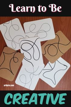 four cards with the words, learn to be creative on them and an image of some shapes