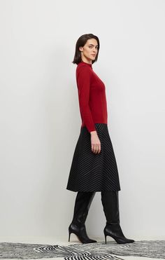 Online Exclusive This jersey stitch Italian cashmere mock turtleneck sweater in rich red is a tour de force of fine texture: it has a rib-stitch neck border, plus flat back ribs at the body and sleeve sides. Back Ribs, Mock Turtleneck Sweater, Rib Stitch, Red Fits, Fine Yarn, Mock Turtleneck, Fall Collections, Stitch Design, Burgundy Red