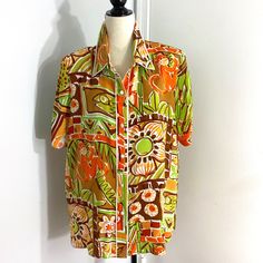 Nwt Vintage Bob Mackie Wearable Art 100% Silk Blouse Tunic Warm Shades Brown Green Coral From Pit To Pit 23" Length 28" Art Blouse To Wear For Any Occasion. Animal Lovers,Art Lovers And Quality Clothing Lovers. Green Retro Print Blouse For Summer, Green Blouse With Retro Print For Summer, Retro Multicolor Floral Print Blouse, Retro Short Sleeve Printed Blouse, Vintage Printed Blouse For Work, Green Short Sleeve Blouse With Vibrant Print, Vintage Multicolor Blouse With Vibrant Print, Vintage Patterned Short Sleeve Blouse, Vintage Short Sleeve Printed Blouse