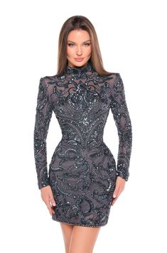 This elegant Amarra 88006 cocktail dress features a short, backless design and long sleeves adorned with intricate beading and sequins. Perfect for any homecoming or formal event, this dress exudes sophistication and style. The modern yet timeless design will make you stand out in any crowd. This dress features an intricate, ornate design adorned with swirling paisley patterns and sparkly beadwork throughout the garment. It has long sleeves and a fitted silhouette that hugs the body. Crafted fro White Rehearsal Dress, Gold Homecoming Dress, Yellow Homecoming Dresses, Orange Homecoming Dresses, Sheer Long Sleeve Dress, Sequin Short Dress, Backless Cocktail Dress, Black Quinceanera Dresses, Quinceanera Dresses Pink