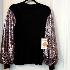 Large Black Sweater With Sequin Balloon Sleeved.. Pit To Pit Measures Approximately 18inches Across Flat. Shoulder To Hem Measures Approximately 26inches In Length..Note: Few Sequin Missing Large Knit Sweater, Short Faux Fur Jacket, Columbia Sweaters, Sheer Sweater, Leopard Print Jacket, Pink Bodycon Dresses, Light Blue Sweater, Black Sweater, Faux Fur Jacket