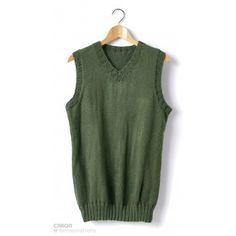 a green sweater vest hanging on a wooden hanger