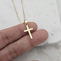 "18k Gold Crucifix Necklace Gold Cross Necklace Unisex Gold Cross Pendant Christian Jewelry Gift for her  Boyfriend Gift Gold  Small Cross This beautiful necklace is a gift of Faith a 18K Gold Filled cross pendant on a Box chain are a special gift for someone you love or just if you want to treat yourself. Perfect for a First Communion gift, birthday gift, Easter gift, Father's Day gift, Valentine's Day gift, wedding gift, or anniversary gift, this chain is an elegant piece of jewelry for those looking for a high-quality accessory. , its classic design blends perfectly with any style from casual to elegant. chain measurements 14\" 16\" 18\" 20\" *Cross 22mm" Gold Crucifix Necklace, Cross Necklace Gold, Dainty Cross Necklace, Gold Earrings Indian, Crucifix Necklace, First Communion Gifts, Earrings Indian, Gold Cross Necklace, Gold Cross Pendant