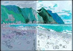 a drawing of mountains and water with bubbles in the foreground, and an image of waves crashing on the beach below