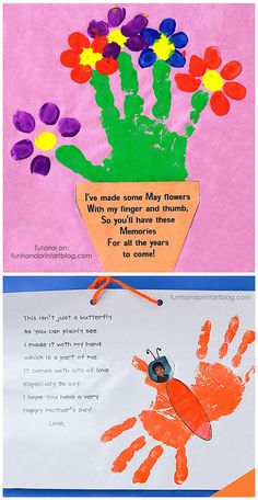 handprints and flowers are displayed on paper