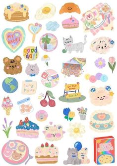 an assortment of stickers that include teddy bears, cakes and other things to eat