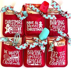 six red bags with christmas sayings on them