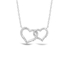 Two twisted hearts intertwined - together, forever. This heart pendant in white gold features a big and small heart cut-out linked together as a symbol of everlasting love. Diamonds adorn the pair of hearts. This necklace can represent the special bond between sisters, mother and child, or couples. Valentine's Day White Gold Heart Necklace With Chain, Double Heart White Gold Necklace For Anniversary, White Gold Double Heart Jewelry With Diamond Accents, White Gold Double Heart Necklace For Anniversary, Silver Double Heart Jewelry With Chain, White Gold Open Heart Promise Jewelry, White Gold Double Heart Necklace For Wedding, Valentine's Day White Gold Double Heart Necklace, Double Heart Necklace With Diamond Accents For Anniversary