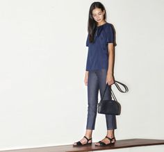 Bloodorange: A.P.C. Rosa Top in Dark Navy. A.P.C. Jean Moulant in Indigo. A.P.C. Half Moon Handbag in Dark Navy. A.P.C. Roma Sandal in Noir. Nice Jeans, Moon Bag, Denim On Denim, Aline Skirt, Indigo Denim, Chambray Shirt, Best Jeans, Shoulder Handbag, Half Moon