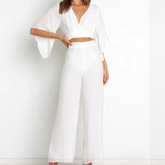 Brand New, Never Worn Chic White V-neck Sets, Chic High Waist Spring Sets, V-neck Sets For Spring Brunch, Spring Brunch V-neck Sets, High-waisted Jumpsuits And Rompers For Summer, Fitted Long Sleeve Summer Pantsuit, Summer Long Sleeve Fitted Pantsuit, White Cropped Bottoms For Vacation, Chic Cropped Pants For Summer