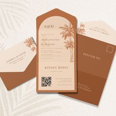 three different types of wedding stationery with palm trees on the front and back side