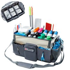 an image of a tool bag filled with tools and cleaning supplies on a white background