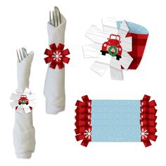 paper napkins and place mats are arranged in the shape of christmas decorations