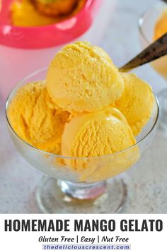 three scoops of homemade mango gelato in a glass bowl with text overlay