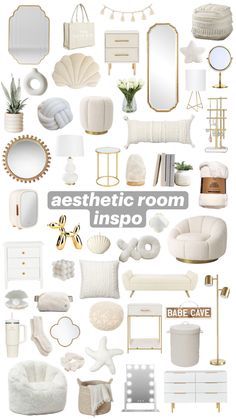 an assortment of white furniture and accessories arranged in the shape of a collage with text reading aesthetic room inspo