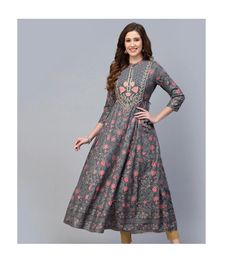 Embroidered Grey Anarkali Flared Kurti Kurta Top, Long Kurti, Rayon Kurti, Gift for Mum, Gift For Her, Indian Kurti, Festive Kurti, Eid Kurti, Ethnic wear, Party Wear Kurti, Anarkali Kurti Please note the length of the dresses as the Model's height is approximately 5 ft 6 inches tall.  Please consider before placing your orders Viscose Rayon Soft Material Hand Wash Embroidery Design Buttons only for Show . Hook Behind the First Button  Flared Anarkali Kurti 3/4 Sleeves Round Neck Length Shoulder Embroidered Anarkali Set For Navratri, Anarkali Churidar With Floral Embroidery For Transitional Season, Navratri Anarkali Churidar With Embroidery, Navratri Anarkali Embroidered Churidar, Embroidered Anarkali Churidar For Navratri, Anarkali Kurta With Floral Embroidery For Festive Occasions, Festive Anarkali Kurta With Floral Embroidery, Festive Anarkali Churidar With Floral Embroidery, Anarkali Set With Floral Embroidery For Navratri