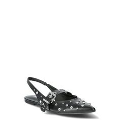 Your new favorite slingbacks have arrived! Edgy meets chic with these Studded Slingback Flats from No Boundaries. Featuring always trendy faux leather, a bold buckle strap and allover statement studs, these slip-on shoes are the coveted combo of versatile and eye-catching. In easy to style neutral colors, these shoes will be on heavy rotation for your OOTDs. Only at Walmart. Size: 8.  Color: Black.  Gender: female.  Age Group: adult. Comfortable Dress Shoes, Womens Low Heels, Suede Ballet Flats, Slingback Flats, Casual Dress Shoes, Walking Shoes Women, Slingback Shoes, Leather Dress Shoes, Womens Ballet Flats