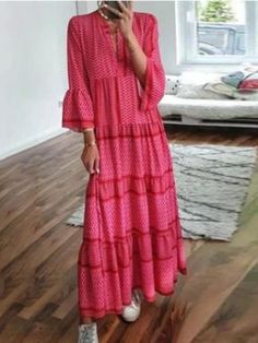 Pink V-neck Maxi Dress For Fall, Red V-neck Dress For Vacation, Red V-neck Dress For Spring Vacation, Casual Red V-neck Midi Dress, Red Shift V-neck Dress, Red Shift Dress For Beach, Red Shift Dress With V-neck, Red Bohemian V-neck Dress, Red V-neck Bohemian Dress