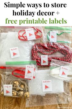 christmas decorations and free printable labels are on the table with text overlay that says, simple ways to store holiday decor + free printable labels