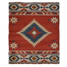 a red, blue and white rug with geometric designs on the bottom half of it