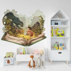 a child's room with an open book and stuffed animals