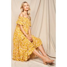 Flowy Tired Maxi Dress Featured In A Floral Pattern With An Off-The-Shoulder Neckline And Flutter Sleeve. Color Is A Light Greenish Yellow. Fabric 100% Rayon Sizes: Small: 4-6 Medium: 8-10 Large: 12-14 Our Boutique Is Filled With A Curated Collection Of Styles: Spell Gypsy Boho Bohemian Hippie Retro Vintage Handmade Coachella Festival Free People Anthropologie Johnny Was Urban Outfitters Western Aztec Tribal Floral Vacation Fall Winter Spring Summer Casual Mumu Cocktail Love Lemons Coat Casual Maxi Dress, Spring Maxi Dress, Coachella Festival, Spring Summer Dress, Yellow Fabric, Maxi Dresses Casual, Midi Maxi Dress, Womens Maxi Dresses, Yellow Floral