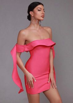 Step out in style in this off-shoulder ruffle-trimmed dress. Crafted from a soft, hot-pink fabric, the split hem adds a chic silhouette to any wardrobe. Sleek and sophisticated, this is the perfect statement piece for a special night out. Fit Type: Slim Fit Fabric: High Stretch Material: 95% Polyester, 5% Elastane Date Night Dress With Ruffles And Straight Neckline, Evening Mini Dress With Ruffles And Straight Neckline, Pink One Shoulder Bodycon Evening Dress, Pink One-shoulder Bodycon Evening Dress, Cocktail Dress With Ruffles And Straight Neckline, Pink One-shoulder Bodycon Dress For Spring, Elegant Pink One Shoulder Bodycon Dress, Straight Neckline Mini Dress With Ruffles For Cocktail, Flirty Dress With Ruffles And Straight Neckline