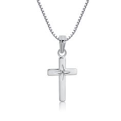 "From our \"Timeless Collection\" this cross pendant necklace is a beautiful keepsake piece featuring a tiny sparkling diamond that's just perfect for a First Communion, Confirmation, Christening, or Baptism gift. This piece is rhodium-plated to prevent tarnish for everlasting quality and floats on a 14\" or 16-18\" adjustable Italian box chain. Coordinating earrings are also available for a matching set. Matching Earrings: https://etsy.me/2IwyOH8 This necklace comes in our Timeless Collection g Sterling Silver Cross Pendant Necklace For First Communion, Sterling Silver Cross Necklace For First Communion, Silver Cross Jewelry For Confirmation, White Gold Cross Pendant For First Communion, White Gold Cross Pendant Necklace For First Communion, White Gold Cross Necklace For First Communion, Personalized White Gold Cross Pendant Necklace, Silver Cross Necklace For Confirmation, White Gold Cross Jewelry For First Communion