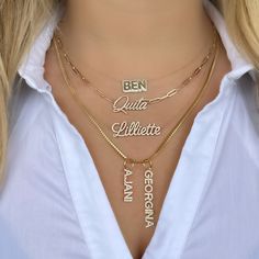 This luxurious 14K gold necklace features a personalized diamond cloud nameplate. Perfect for a special occasion or as an everyday accessory, it is crafted with the highest quality materials for maximum shine and durability. Item Information: Metal: 14k Gold Min. Weight Mini: 1.75g Large: 3g Chain Length: 16"-18" Letter Height: Mini: 6mm Large: 8.5mm Diamond Information: Color: G-H Clarity: SI1 Min. Carat Weight: Mini: 0.08 Large: 0.20 Gold Herringbone Chain, Cheap Necklaces, Heart Necklace Diamond, Nameplate Necklace, Luxury Necklace, 14k Gold Necklace, For Your Love, Diamond Star, Initial Jewelry