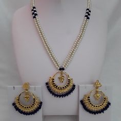 Absolutely stunning gold plated large size light weight pendant set with matching chand bali earrings.  Perfect for wedding party or any other occasion. Perfect gift for your loved ones or yourself.  Item will come as picture shown. Gold finish and handcrafted. 6ct gold plated polki jewellery set Mala haar necklace: 50cm Pendant Size: L x 4.5cm / W x 5cm Earrings Size: L x 6.5cm / Width: 5cm Pearl colour: white & blue CZ stone colour: Dark blue & clear white Necklace Closer: Hook Note: manual me Chand Bali Earrings, Chand Bali, Jadau Jewellery, Gold Earrings Models, Bali Earrings, Chandbali Earrings, Gold Jewelry Sets, Polki Jewellery, Choker Necklace Set