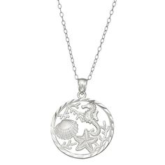 "Show off your unique sense of style with this intricate sealife pendant necklace. Show off your unique sense of style with this intricate sealife pendant necklace. Pendant dimensions: 1.25 in. x 1 in. Chian length: 18 in. Chain type: cable Clasp: spring-ring Metal: sterling silver Plating: rhodium Finish: polished Packaging: dust bag Nickel free Image(s) may be enlarged to show detail. Size: 18"". Gender: female. Age Group: adult." Ocean-inspired Nickel Free Pendant Necklace, Ocean-inspired Nickel-free Pendant Necklace, Engraved Pendant Necklace For Beach, Ocean-inspired Nickel-free Necklace With Round Pendant, Nickel Free Ocean-inspired Necklace With Round Pendant, Ocean-inspired Nickel-free Round Pendant Necklace, Nickel-free Ocean-inspired Round Pendant Necklaces, Nickel-free Ocean-inspired Round Pendant Necklace, Ocean-inspired Jewelry With Lobster Clasp And Round Pendant