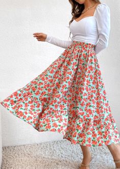 The Emes Shop skirt is detailed with vintage floral prints. Features a high waist. gartered waist. A-line silhouette. and below knee length. Pair it with a puff sleeve blouse and sandals for a classy look.MATERIAL:100% Soft Poly MEASUREMENTS:Dress Length is 31"-33"in Small | Waist: 26"-28"in Medium | Waist: 28"-30"in Large | Waist: 30"-32"in X Large | Waist: 32"-34"in MEASUREMENTS:Dress Length is 78"-83"in Small | Waist: 66"-71"cm Medium | Waist: 71"-76"cm Large | Waist: 76"-81"cm X Large | Waist: 81"-86"cm Casual Tiered Maxi Skirt For Garden Party, Spring Full Maxi Skirt With Elastic Waistband, Ruffled Midi Skirt For Spring, Feminine High-waist Maxi Skirt For Spring, Feminine High Waist Maxi Skirt For Spring, Floral Print Flared Skirt For Daywear, Daywear Floral Print Flared Skirt, Elastic Waistband Bottoms For Spring Garden Party, Bottoms With Elastic Waistband For Spring Garden Party