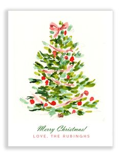 a watercolor christmas tree card with the words merry christmas love, the bubings