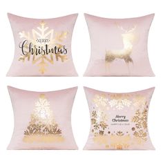 four pink and gold christmas pillows with golden glitter deer, snowflakes and merry lettering