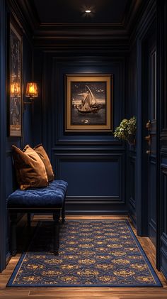 Art Deco Hallway Inspiration: Elegant Design with Gold & Navy Tones Moody Hallway Interior Design, Moody Hallway, Hallway Interior Design, Art Deco Hallway, Dark Academia Interior, Black Hallway, Hallway Interior, Hallway Inspiration, Velvet Bench