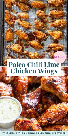 grilled chicken wings with ranch dressing on the side and text overlay that reads paleo chili lime chicken wings