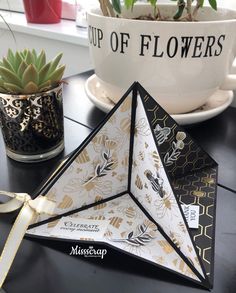 a close up of a small triangle shaped object on a table near a potted plant