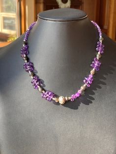 "This choker to collar length piece is graced with gorgeous Grade AAA faceted violet purple Amethyst briolette teardrop beads (approx 8mm long), and accented with faceted rondelles of rare Black Labradorite of deep black/brown with flashes of blue iridescent fire. Silver silver spacers and a decorated wire work Bali silver focal contrast beautifully with the semi precious stones for a striking look. The faceted faces of the beads reflect light in a stunning way. Silver plated hook clasp and exte Aries Birthstone, Briolette Necklace, Black Amethyst, Black Labradorite, Necklace Amethyst, February Birthday, Bali Silver, Precious Gemstones Jewelry, Charlottesville Va