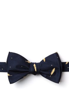 Add a unique touch to your look with our navy blue Santee butterfly bow tie. Its gold feather and polka dot accents are the perfect subtle print that is great for both the office and casual gatherings. Imported. Navy Bow Tie, Bowtie Pattern, Butterfly Bow, Exclamation Point, Gold Feathers, Lapel Pins, Bow Tie, The Office, Polka Dot